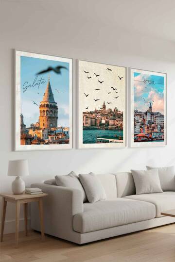 İstanbul Galata Kulesi Temalı 3 Parça Çerçeveli Tablo Seti Salon ve Ofis Duvar Dekoru - 3