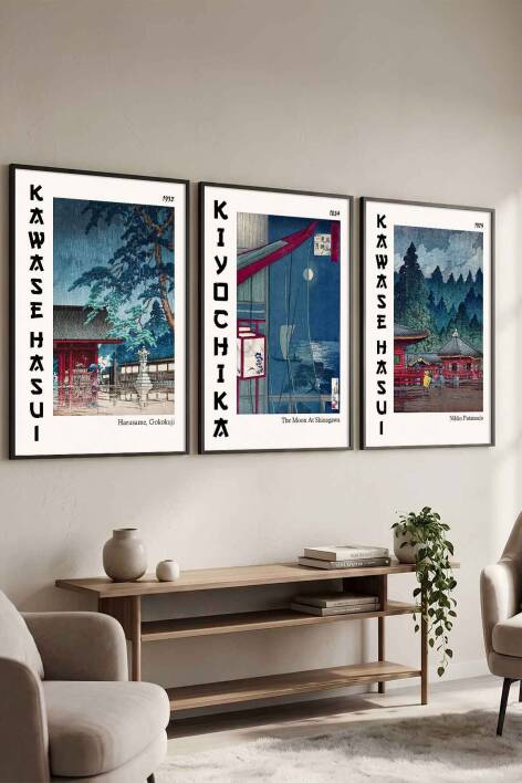 Japon Sanatı Hasui ve Kiyochika 3'lü Çerçeveli Tablo Seti Ünlü Sanatçılar Serisi Salon ve Ofis Dekorasyonu - 4