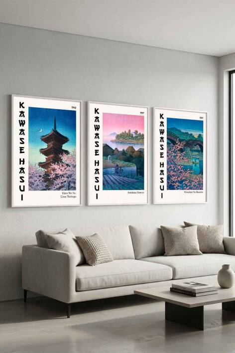 Japon Sanatı Kawase Hasui 3'lü Set Çerçeveli Tablo Ünlü Sanatçılar Serisi Salon ve Ofis Dekorasyonu - 3