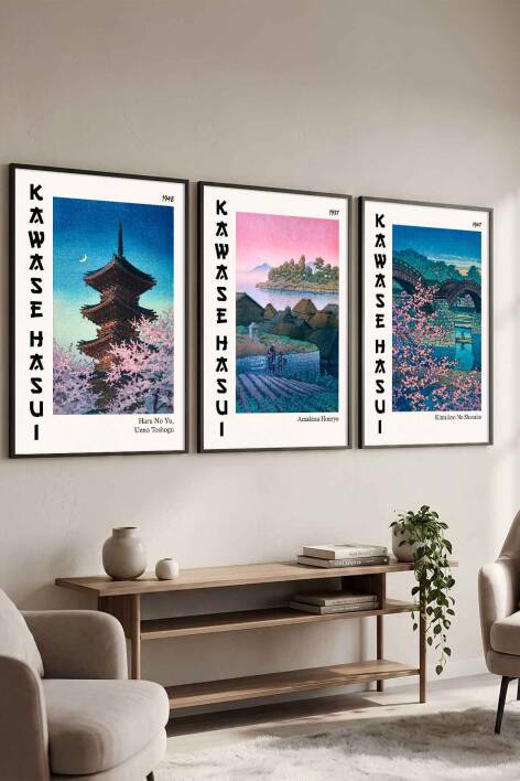 Japon Sanatı Kawase Hasui 3'lü Set Çerçeveli Tablo Ünlü Sanatçılar Serisi Salon ve Ofis Dekorasyonu - 4
