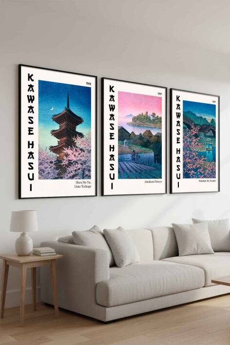 Japon Sanatı Kawase Hasui 3'lü Set Çerçeveli Tablo Ünlü Sanatçılar Serisi Salon ve Ofis Dekorasyonu - 5