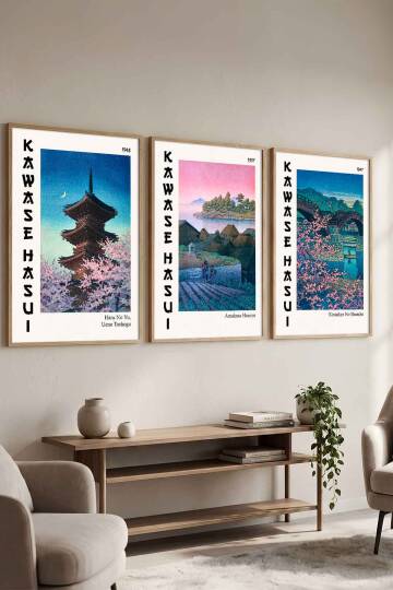 Japon Sanatı Kawase Hasui 3'lü Set Çerçeveli Tablo Ünlü Sanatçılar Serisi Salon ve Ofis Dekorasyonu Doğal Ahşap