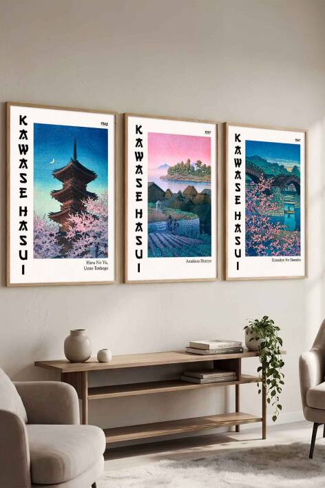 Japon Sanatı Kawase Hasui 3'lü Set Çerçeveli Tablo Ünlü Sanatçılar Serisi Salon ve Ofis Dekorasyonu - 7