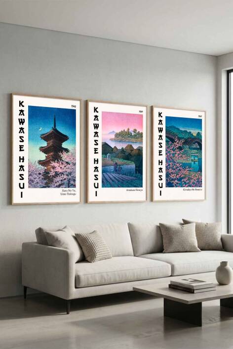 Japon Sanatı Kawase Hasui 3'lü Set Çerçeveli Tablo Ünlü Sanatçılar Serisi Salon ve Ofis Dekorasyonu - 9