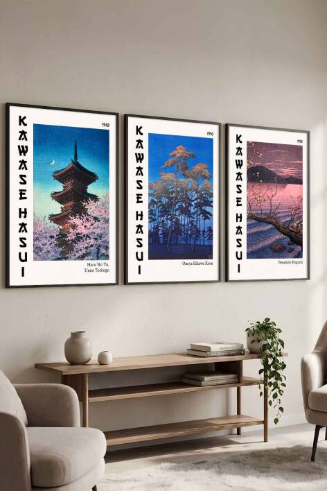 Japon Sanatı Kawase Hasui 3'lü Set Çerçeveli Tablo Ünlü Sanatçılar Serisi Salon ve Ofis Duvar Dekorasyonu - 4