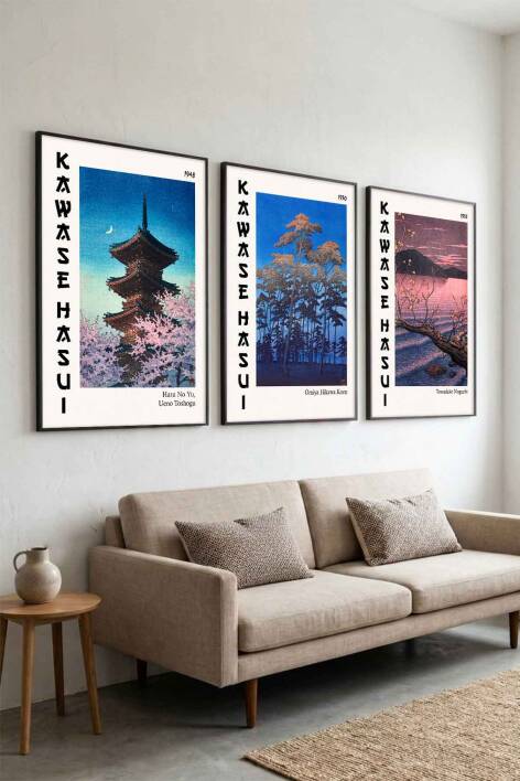Japon Sanatı Kawase Hasui 3'lü Set Çerçeveli Tablo Ünlü Sanatçılar Serisi Salon ve Ofis Duvar Dekorasyonu - 6