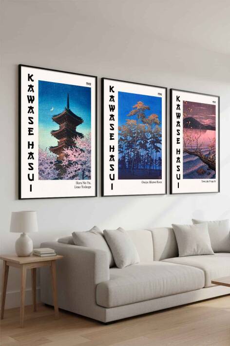Japon Sanatı Kawase Hasui 3'lü Set Çerçeveli Tablo Ünlü Sanatçılar Serisi Salon ve Ofis Duvar Dekorasyonu - 5