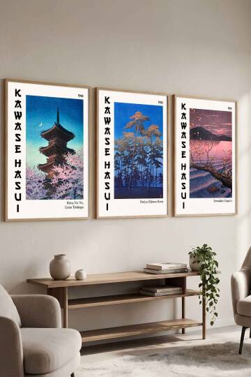 Japon Sanatı Kawase Hasui 3'lü Set Çerçeveli Tablo Ünlü Sanatçılar Serisi Salon ve Ofis Duvar Dekorasyonu