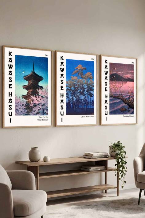 Japon Sanatı Kawase Hasui 3'lü Set Çerçeveli Tablo Ünlü Sanatçılar Serisi Salon ve Ofis Duvar Dekorasyonu - 1