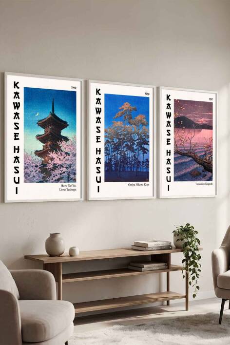 Japon Sanatı Kawase Hasui 3'lü Set Çerçeveli Tablo Ünlü Sanatçılar Serisi Salon ve Ofis Duvar Dekorasyonu - 7