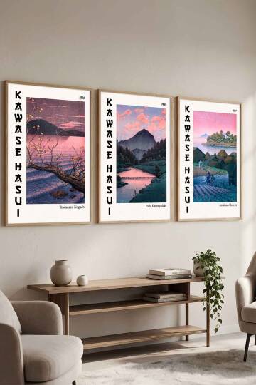 Japon Sanatı Kawase Hasui Manzara 3'lü Tablo Seti Ünlü Sanatçılar Serisi Salon ve Ofis Dekorasyonu