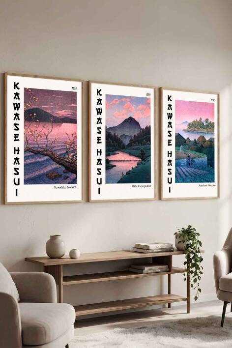 Japon Sanatı Kawase Hasui Manzara 3'lü Tablo Seti Ünlü Sanatçılar Serisi Salon ve Ofis Dekorasyonu - 1