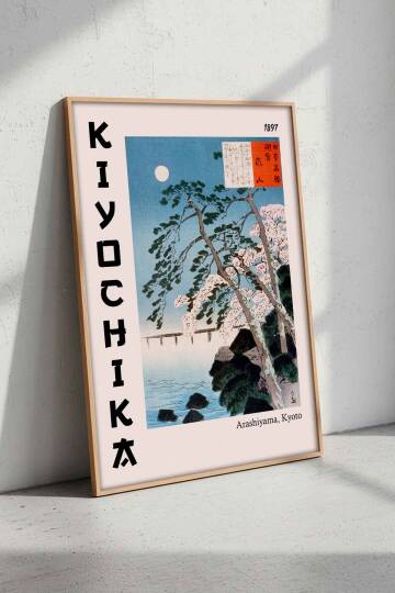 Japon Sanatı Kiyochika Arashiyama Kyoto Çerçeveli Tablo Salon ve Ofis Duvar Dekoru Doğal Ahşap