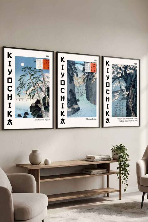 Japon Sanatı Kiyochika Manzara Çerçeveli 3'lü Tablo Seti Ünlü Sanatçılar Serisi Salon ve Ofis Duvar Dekoru - 2