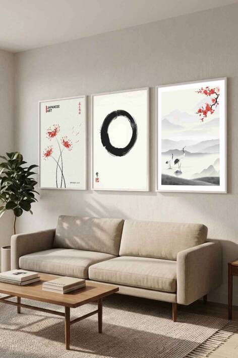 Japon Sanatı Zen ve Doğa Temalı 3'lü Set Çerçeveli Tablo Salon ve Ofis Dekorasyonu - 9