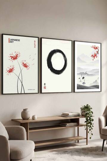 Japon Sanatı Zen ve Doğa Temalı 3'lü Set Çerçeveli Tablo Salon ve Ofis Dekorasyonu