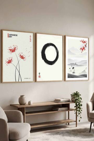 Japon Sanatı Zen ve Doğa Temalı 3'lü Set Çerçeveli Tablo Salon ve Ofis Dekorasyonu - 4