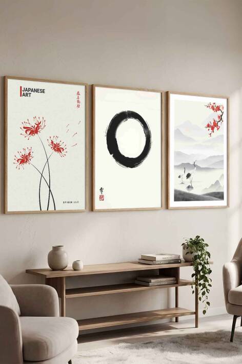 Japon Sanatı Zen ve Doğa Temalı 3'lü Set Çerçeveli Tablo Salon ve Ofis Dekorasyonu - 4