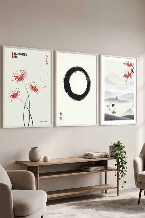 Japon Sanatı Zen ve Doğa Temalı 3'lü Set Çerçeveli Tablo Salon ve Ofis Dekorasyonu - 7