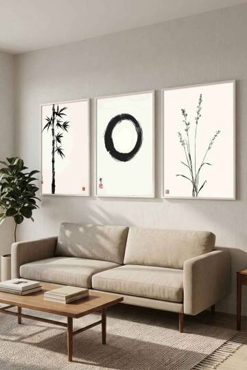 Japon Zen Sanatı 3'lü Set Enso Halkası Minimalist Çerçeveli Tablo Seti Salon ve Ofis Dekorasyonu - 9
