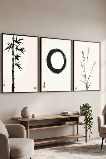 Japon Zen Sanatı 3'lü Set Enso Halkası Minimalist Çerçeveli Tablo Seti Salon ve Ofis Dekorasyonu - 2