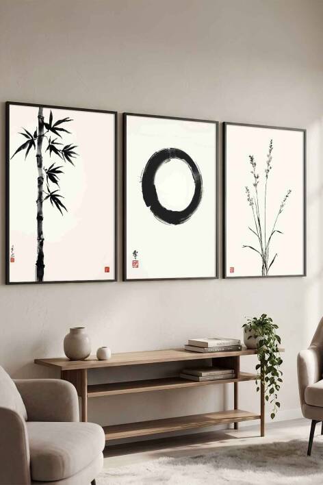 Japon Zen Sanatı 3'lü Set Enso Halkası Minimalist Çerçeveli Tablo Seti Salon ve Ofis Dekorasyonu - 2