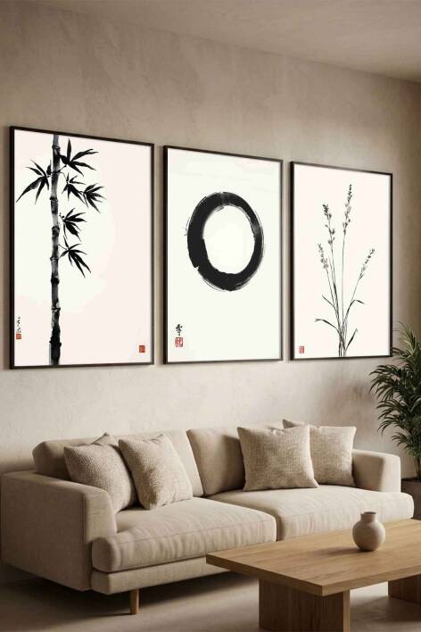 Japon Zen Sanatı 3'lü Set Enso Halkası Minimalist Çerçeveli Tablo Seti Salon ve Ofis Dekorasyonu - 1