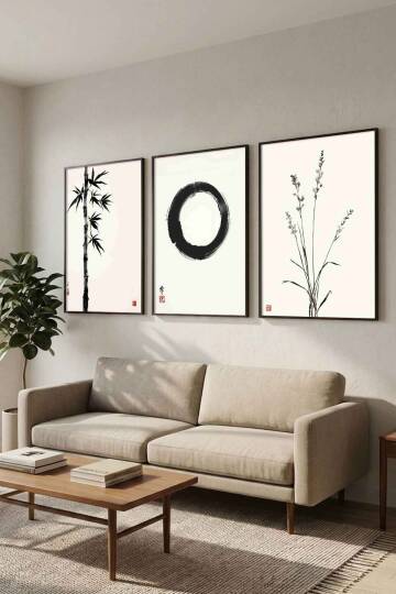 Japon Zen Sanatı 3'lü Set Enso Halkası Minimalist Çerçeveli Tablo Seti Salon ve Ofis Dekorasyonu - 3