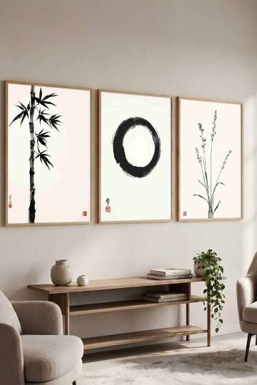 Japon Zen Sanatı 3'lü Set Enso Halkası Minimalist Çerçeveli Tablo Seti Salon ve Ofis Dekorasyonu Doğal Ahşap