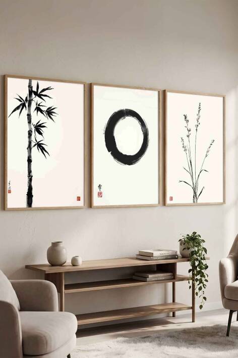 Japon Zen Sanatı 3'lü Set Enso Halkası Minimalist Çerçeveli Tablo Seti Salon ve Ofis Dekorasyonu - 4