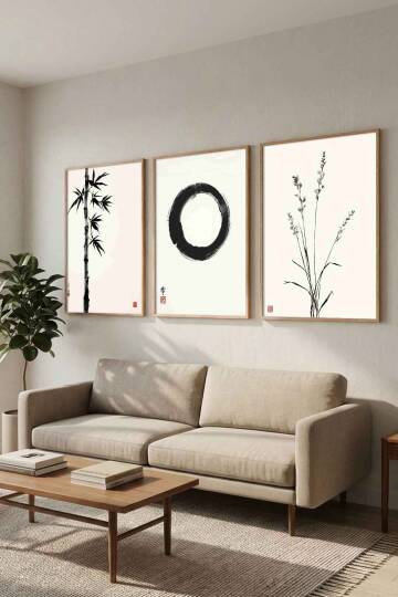 Japon Zen Sanatı 3'lü Set Enso Halkası Minimalist Çerçeveli Tablo Seti Salon ve Ofis Dekorasyonu - 6