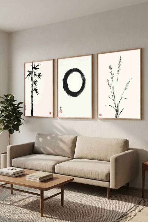 Japon Zen Sanatı 3'lü Set Enso Halkası Minimalist Çerçeveli Tablo Seti Salon ve Ofis Dekorasyonu - 6