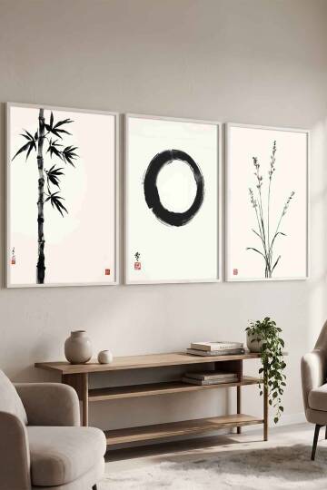 Japon Zen Sanatı 3'lü Set Enso Halkası Minimalist Çerçeveli Tablo Seti Salon ve Ofis Dekorasyonu Beyaz