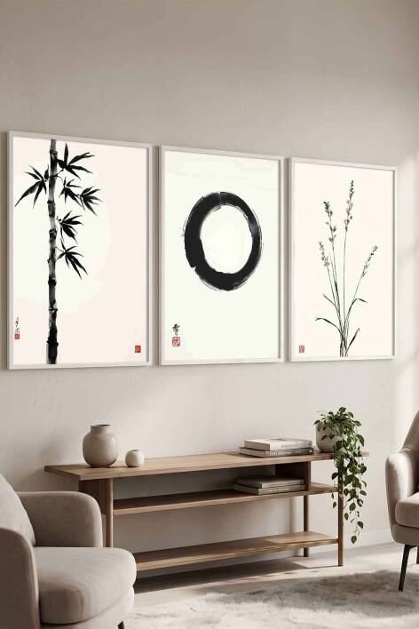 Japon Zen Sanatı 3'lü Set Enso Halkası Minimalist Çerçeveli Tablo Seti Salon ve Ofis Dekorasyonu - 7