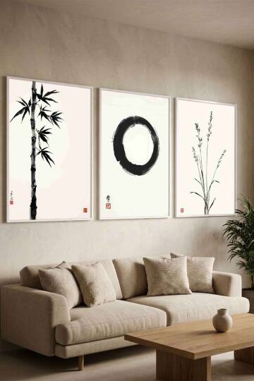 Japon Zen Sanatı 3'lü Set Enso Halkası Minimalist Çerçeveli Tablo Seti Salon ve Ofis Dekorasyonu - 8