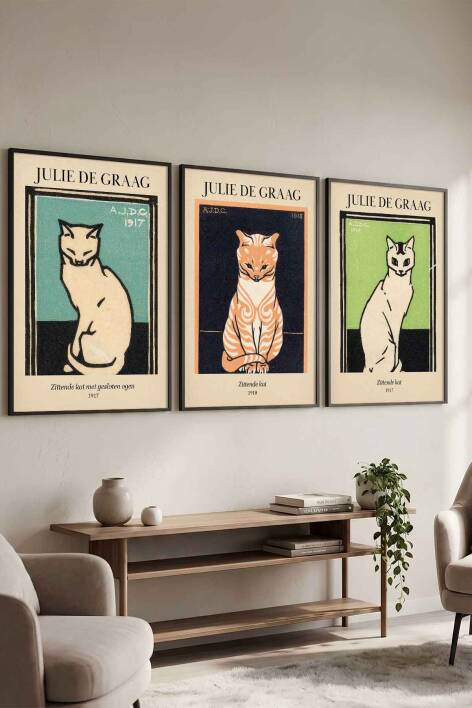 Julie de Graag Kedi Sanatı 3'lü Set Ünlü Sanatçılar Serisi Çerçeveli Tablo Salon ve Ofis Dekorasyonu - 1