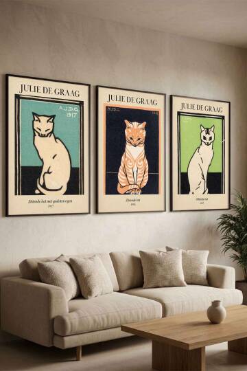 Julie de Graag Kedi Sanatı 3'lü Set Ünlü Sanatçılar Serisi Çerçeveli Tablo Salon ve Ofis Dekorasyonu - 2