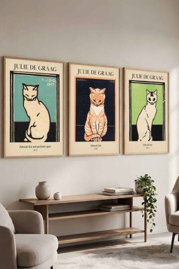 Julie de Graag Kedi Sanatı 3'lü Set Ünlü Sanatçılar Serisi Çerçeveli Tablo Salon ve Ofis Dekorasyonu Doğal Ahşap