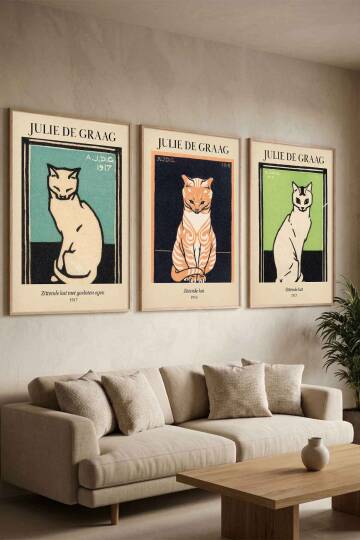 Julie de Graag Kedi Sanatı 3'lü Set Ünlü Sanatçılar Serisi Çerçeveli Tablo Salon ve Ofis Dekorasyonu - 5