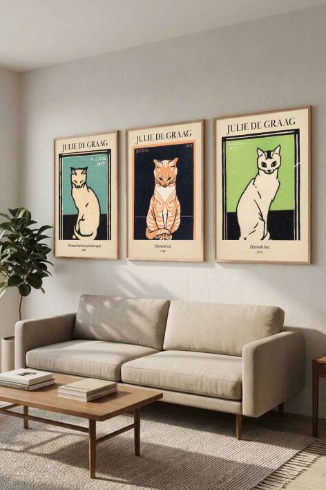 Julie de Graag Kedi Sanatı 3'lü Set Ünlü Sanatçılar Serisi Çerçeveli Tablo Salon ve Ofis Dekorasyonu - 6