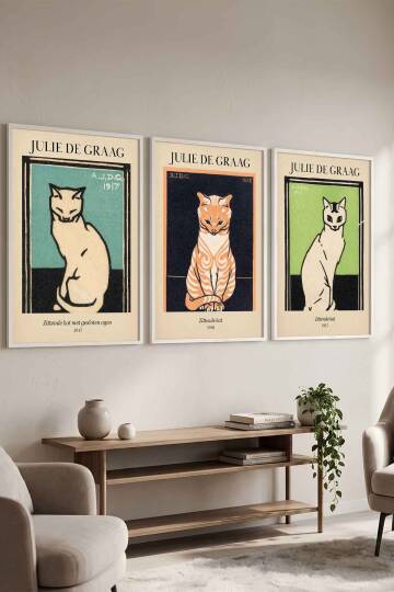 Julie de Graag Kedi Sanatı 3'lü Set Ünlü Sanatçılar Serisi Çerçeveli Tablo Salon ve Ofis Dekorasyonu Beyaz