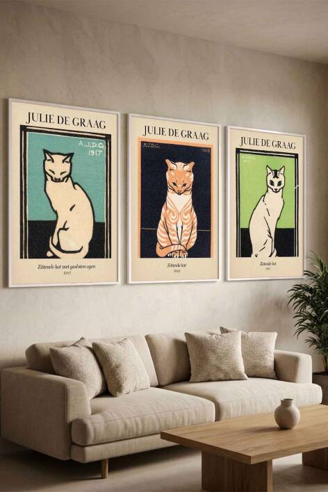 Julie de Graag Kedi Sanatı 3'lü Set Ünlü Sanatçılar Serisi Çerçeveli Tablo Salon ve Ofis Dekorasyonu - 8