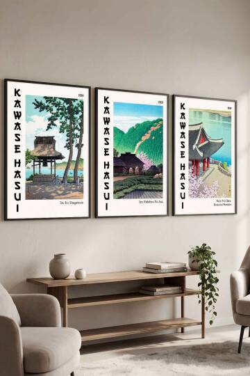Kawase Hasui Japon Manzara Sanatı 3'lü Set Ünlü Sanatçılar Serisi Çerçeveli Tablo Salon ve Ofis Dekorasyonu Siyah