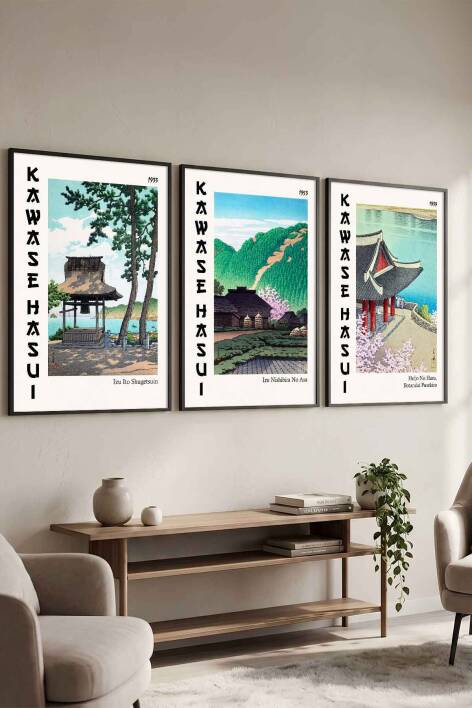 Kawase Hasui Japon Manzara Sanatı 3'lü Set Ünlü Sanatçılar Serisi Çerçeveli Tablo Salon ve Ofis Dekorasyonu - 4