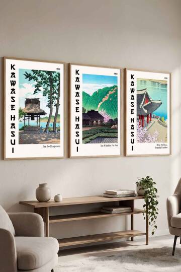 Kawase Hasui Japon Manzara Sanatı 3'lü Set Ünlü Sanatçılar Serisi Çerçeveli Tablo Salon ve Ofis Dekorasyonu