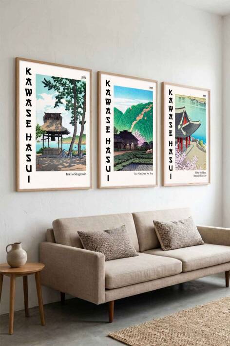 Kawase Hasui Japon Manzara Sanatı 3'lü Set Ünlü Sanatçılar Serisi Çerçeveli Tablo Salon ve Ofis Dekorasyonu - 3