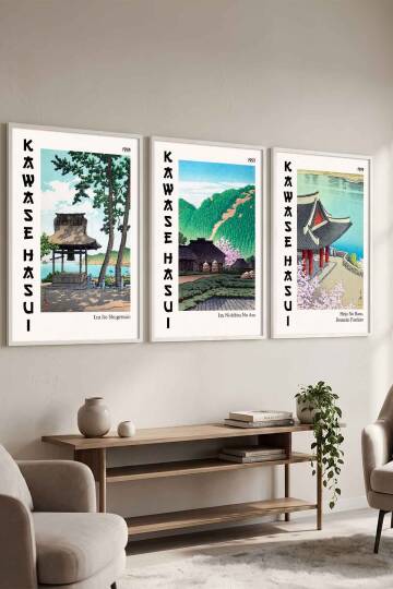 Kawase Hasui Japon Manzara Sanatı 3'lü Set Ünlü Sanatçılar Serisi Çerçeveli Tablo Salon ve Ofis Dekorasyonu Beyaz