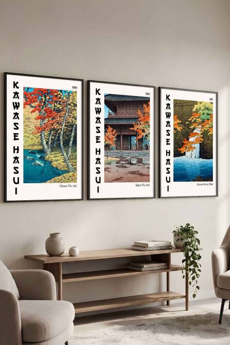 Kawase Hasui Japon Sanatı 3'lü Çerçeveli Tablo Seti Ünlü Sanat Eseri Serisi Salon ve Ofis İçin Şık Dekorasyon - 4