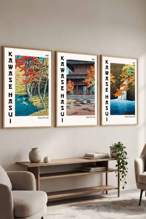 Kawase Hasui Japon Sanatı 3'lü Çerçeveli Tablo Seti Ünlü Sanat Eseri Serisi Salon ve Ofis İçin Şık Dekorasyon - 1