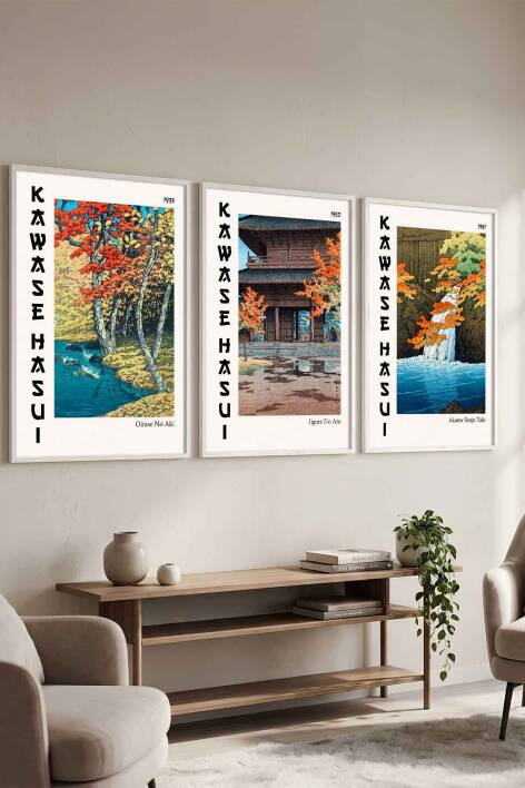Kawase Hasui Japon Sanatı 3'lü Çerçeveli Tablo Seti Ünlü Sanat Eseri Serisi Salon ve Ofis İçin Şık Dekorasyon - 7